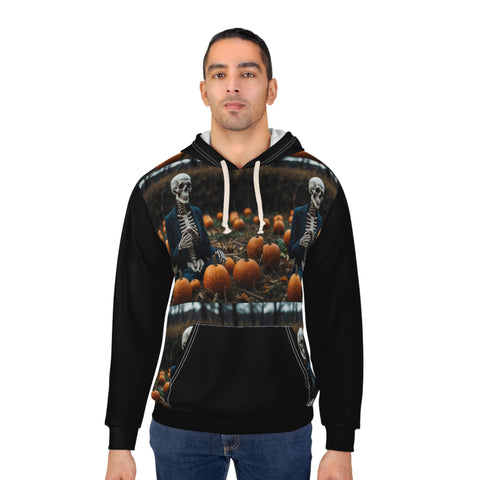 Image of Halloween skeleton holding a Pumpkin Unisex Pullover Hoodie (AOP)