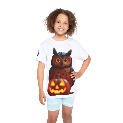 Image of Hoot & Haunt – Glow Owl Halloween Tee -Kids Sports Jersey with Owl and Pumpkin Design, Halloween T-Shirt, Fun Youth Sports Wear, Cute Kids Apparel, Seasonal Clothing for Fall
