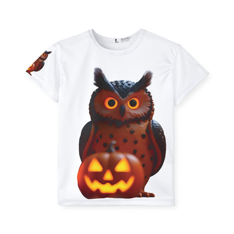 Image of Hoot & Haunt – Glow Owl Halloween Tee -Kids Sports Jersey with Owl and Pumpkin Design, Halloween T-Shirt, Fun Youth Sports Wear, Cute Kids Apparel, Seasonal Clothing for Fall