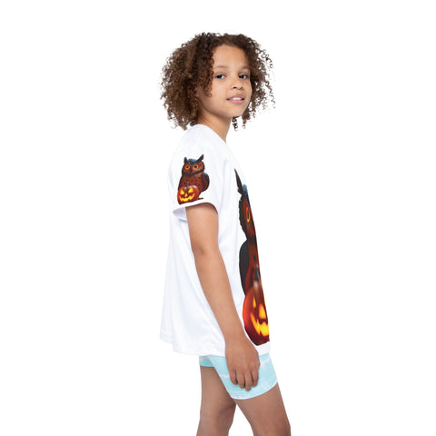 Image of Hoot & Haunt – Glow Owl Halloween Tee -Kids Sports Jersey with Owl and Pumpkin Design, Halloween T-Shirt, Fun Youth Sports Wear, Cute Kids Apparel, Seasonal Clothing for Fall
