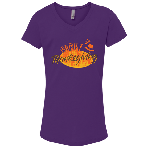 Image of Cool Happy Thanksgiving Girls' Princess V-Neck T-Shirt - DNA Trends