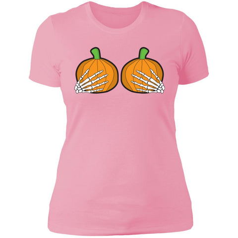 Image of Halloween Pumpkin Skeletal Hands on Boobs Costume Ladies' T-Shirt ; Funny Art Halloween Boobs Active Photos