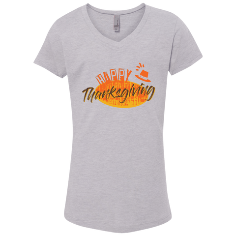 Image of Cool Happy Thanksgiving Girls' Princess V-Neck T-Shirt - DNA Trends