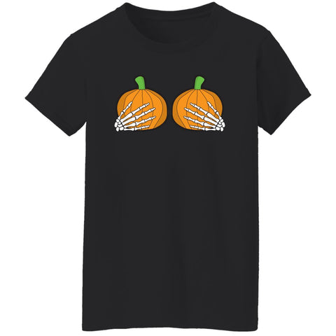 Image of Halloween Pumpkin Skeletal Hands on Boobs Costume Ladies' T-Shirt ; Funny Art Halloween Boobs Active Photos