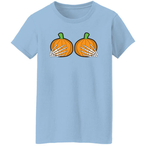 Image of Halloween Pumpkin Skeletal Hands on Boobs Costume Ladies' T-Shirt ; Funny Art Halloween Boobs Active Photos
