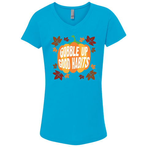 Image of Gobble Up Good Habits Girls' Princess V-Neck T-Shirt - DNA Trends