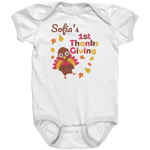 Image of Personalized My First Thanksgiving Cute Turkey Baby Bodysuit (Newborn,6 Months and 12 Months)