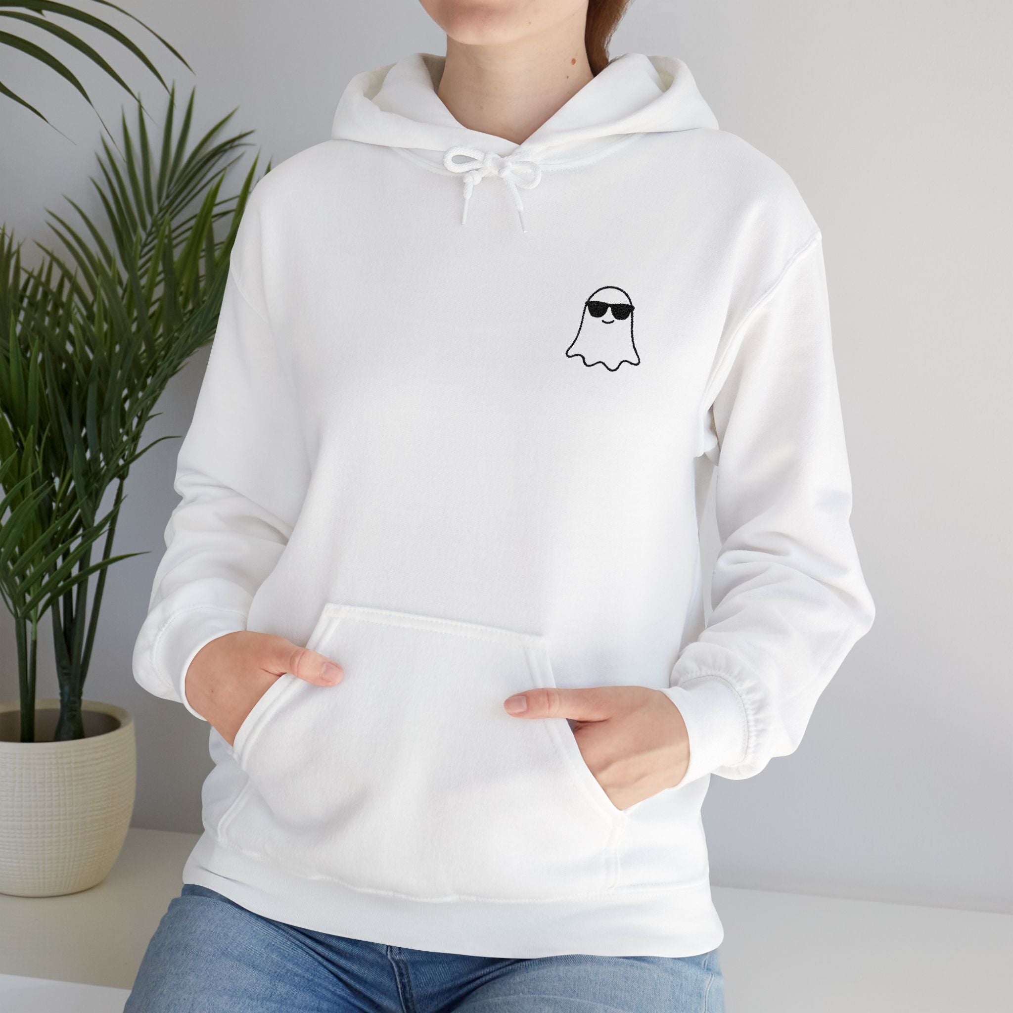 Chill Ghost Hoodie – Embroidered Minimalist Ghost with Sunglasses, Funny Halloween Embroidery Hoodie