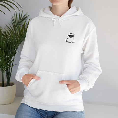 Image of Chill Ghost Hoodie – Embroidered Minimalist Ghost with Sunglasses, Funny Halloween Embroidery Hoodie