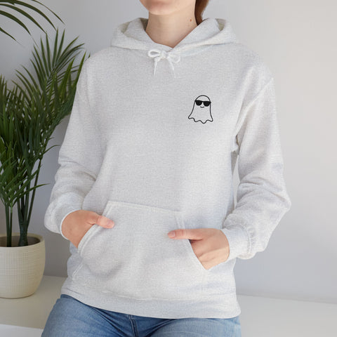 Image of Chill Ghost Hoodie – Embroidered Minimalist Ghost with Sunglasses, Funny Halloween Embroidery Hoodie
