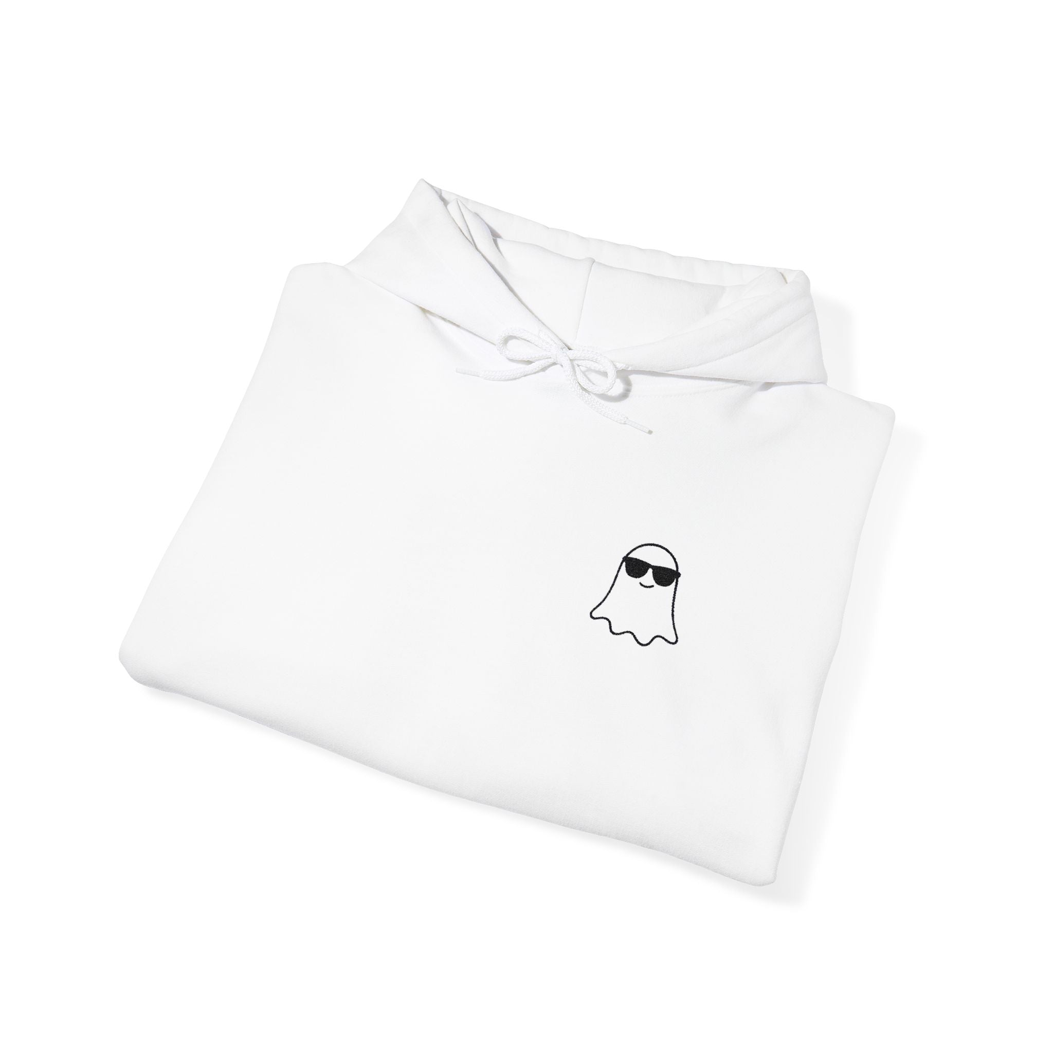 Chill Ghost Hoodie – Embroidered Minimalist Ghost with Sunglasses, Funny Halloween Embroidery Hoodie
