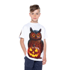 Hoot & Haunt – Glow Owl Halloween Tee -Kids Sports Jersey with Owl and Pumpkin Design, Halloween T-Shirt, Fun Youth Sports Wear, Cute Kids Apparel, Seasonal Clothing for Fall