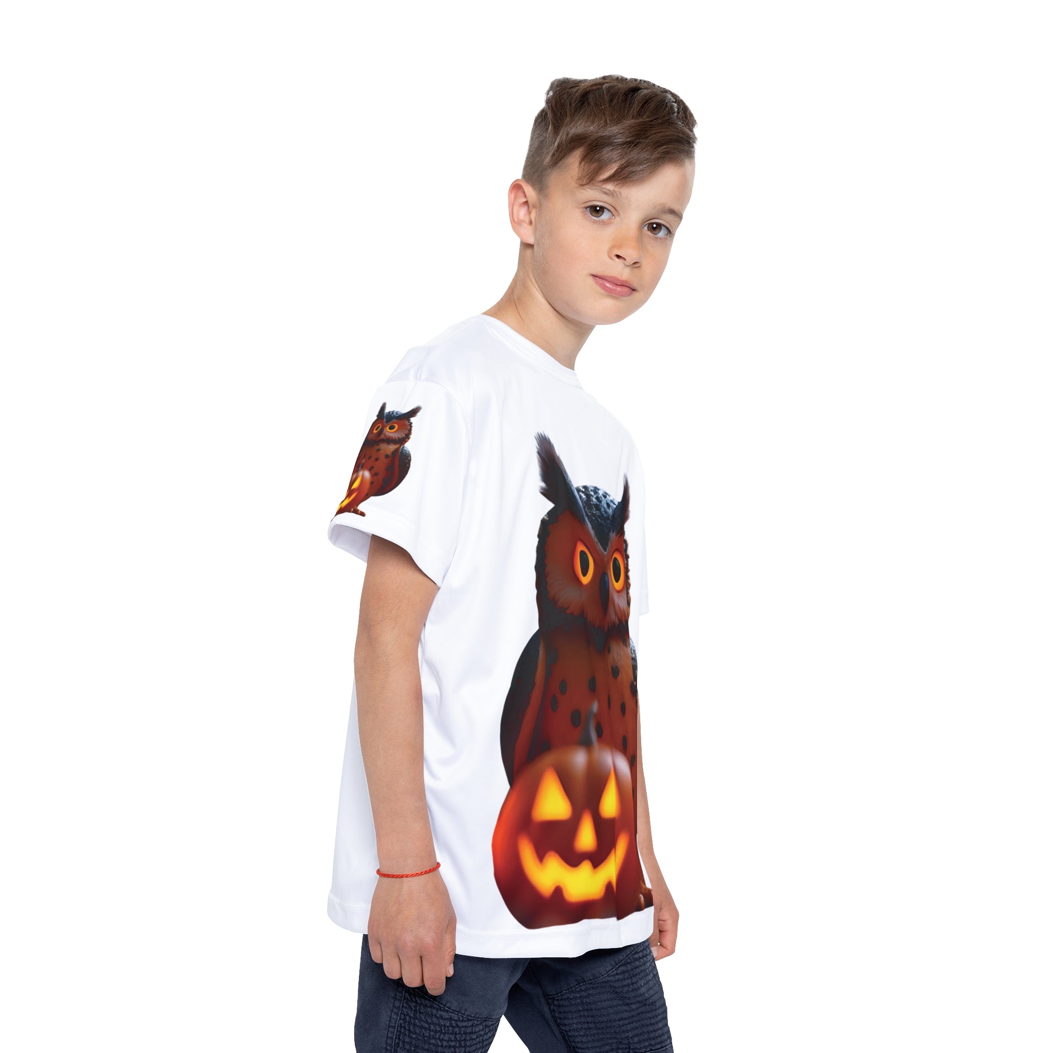 Hoot & Haunt – Glow Owl Halloween Tee -Kids Sports Jersey with Owl and Pumpkin Design, Halloween T-Shirt, Fun Youth Sports Wear, Cute Kids Apparel, Seasonal Clothing for Fall