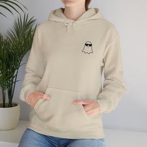 Chill Ghost Hoodie – Embroidered Minimalist Ghost with Sunglasses, Funny Halloween Embroidery Hoodie