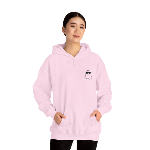 Image of Chill Ghost Hoodie – Embroidered Minimalist Ghost with Sunglasses, Funny Halloween Embroidery Hoodie