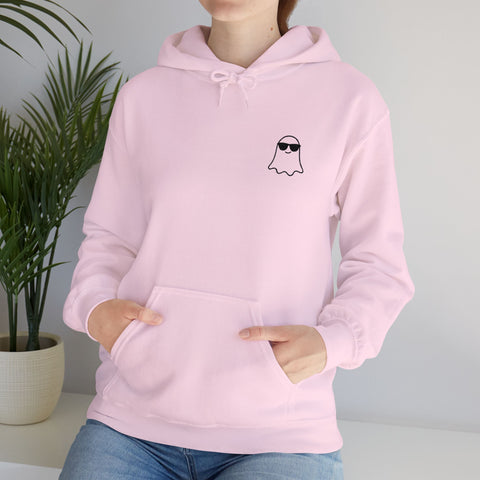 Image of Chill Ghost Hoodie – Embroidered Minimalist Ghost with Sunglasses, Funny Halloween Embroidery Hoodie