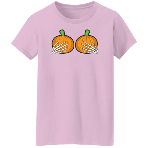 Image of Halloween Pumpkin Skeletal Hands on Boobs Costume Ladies' T-Shirt ; Funny Art Halloween Boobs Active Photos
