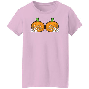 Halloween Pumpkin Skeletal Hands on Boobs Costume Ladies' T-Shirt ; Funny Art Halloween Boobs Active Photos