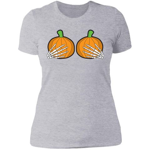 Image of Halloween Pumpkin Skeletal Hands on Boobs Costume Ladies' T-Shirt ; Funny Art Halloween Boobs Active Photos