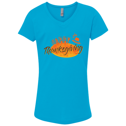 Image of Cool Happy Thanksgiving Girls' Princess V-Neck T-Shirt - DNA Trends