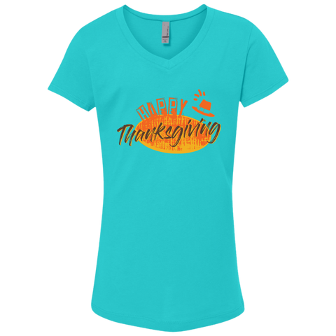 Image of Cool Happy Thanksgiving Girls' Princess V-Neck T-Shirt - DNA Trends