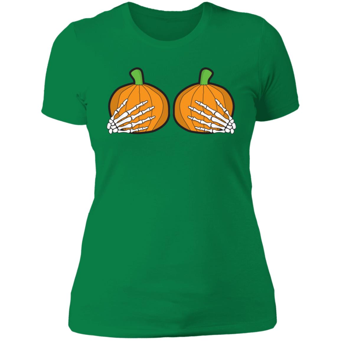 Halloween Pumpkin Skeletal Hands on Boobs Costume Ladies' T-Shirt ; Funny Art Halloween Boobs Active Photos
