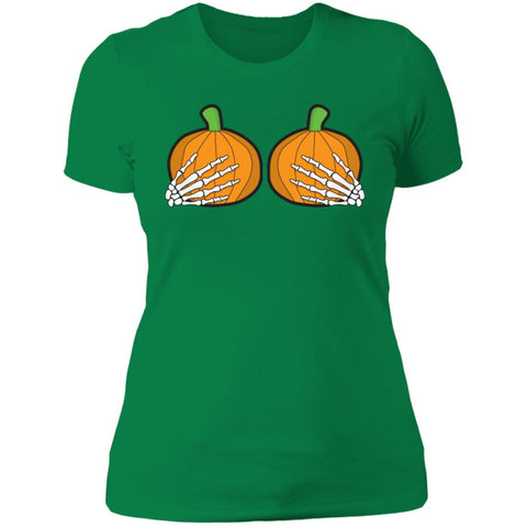 Image of Halloween Pumpkin Skeletal Hands on Boobs Costume Ladies' T-Shirt ; Funny Art Halloween Boobs Active Photos