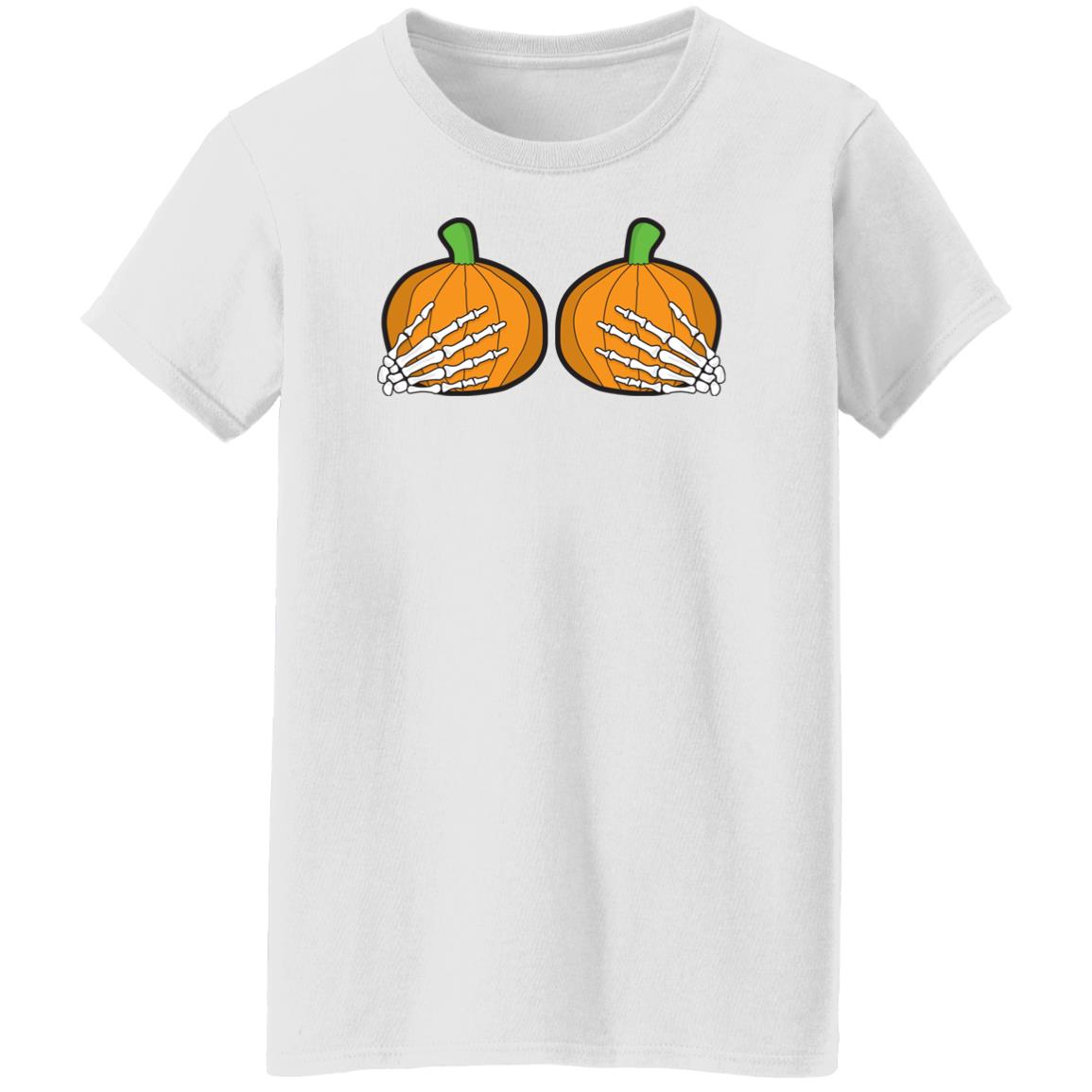 Halloween Pumpkin Skeletal Hands on Boobs Costume Ladies' T-Shirt ; Funny Art Halloween Boobs Active Photos