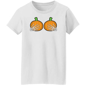 Halloween Pumpkin Skeletal Hands on Boobs Costume Ladies' T-Shirt ; Funny Art Halloween Boobs Active Photos