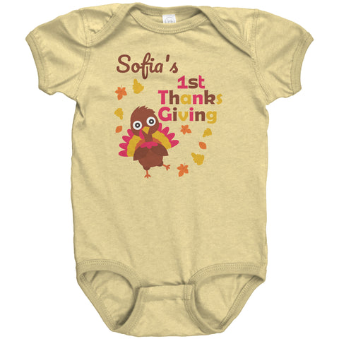 Personalized My First Thanksgiving Cute Turkey Baby Bodysuit (Newborn,6 Months and 12 Months)