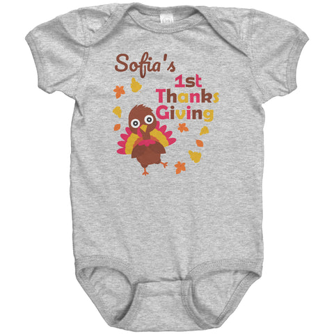 Image of Personalized My First Thanksgiving Cute Turkey Baby Bodysuit (Newborn,6 Months and 12 Months)