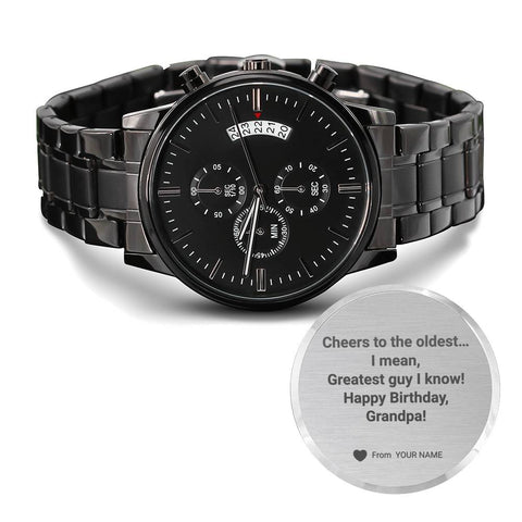 Image of Greatest Guy I Know - Personalized Birthday Gift To Grandpa - Black Chronograph Engraved Watch - DNA Trends