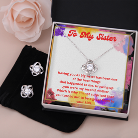 Mother's Day Gift To Big Sister: Love Knot Earring & Necklace Set- My Sister , My Second Mother Message Card