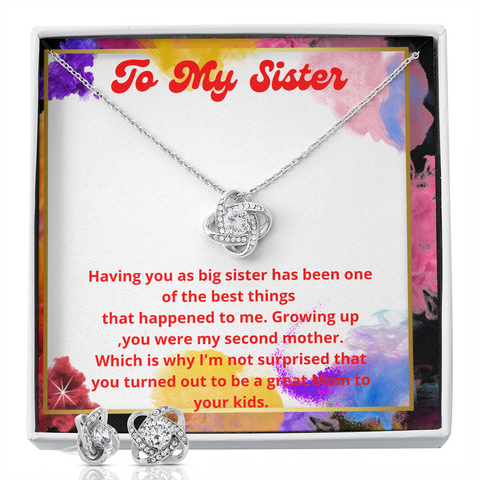 Mother's Day Gift To Big Sister: Love Knot Earring & Necklace Set- My Sister , My Second Mother Message Card