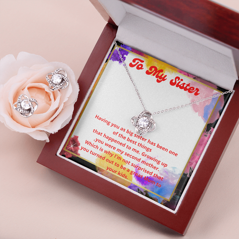 Mother's Day Gift To Big Sister: Love Knot Earring & Necklace Set- My Sister , My Second Mother Message Card