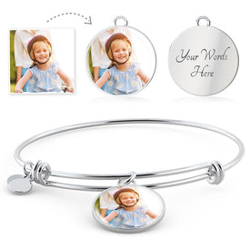 Personalized Luxury Bangle - Circle Pendant - Custom Photo - Custom Engraving Option - DNA Trends