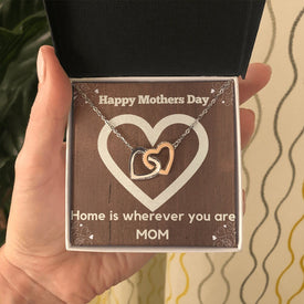 Gift To Mom: Two Hearts Zirconia Necklace- Home is Wherever You Are  Mothers Day Message Card