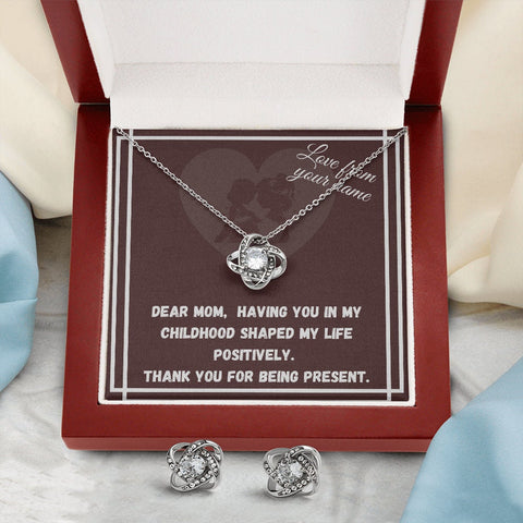 Daughter to Mom: Knot Earring and Necklace Set - Personalized  Mother's Day Message Card,  You Shaped My Life Mom