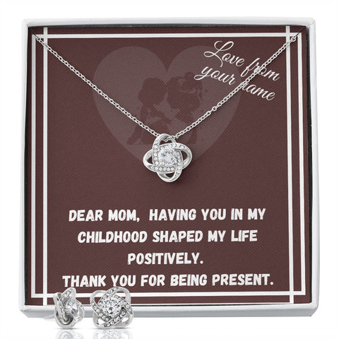 Daughter to Mom: Knot Earring and Necklace Set - Personalized  Mother's Day Message Card,  You Shaped My Life Mom