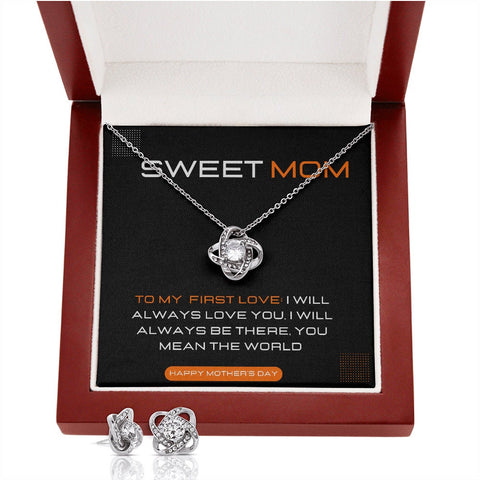 Gift From Son to Mom: Love Knot Earrings and Necklace Set, Mother's Day Jewelry Message Card , To My First Love , Son To Mom Gifts