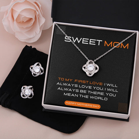 Gift From Son to Mom: Love Knot Earrings and Necklace Set, Mother's Day Jewelry Message Card , To My First Love , Son To Mom Gifts
